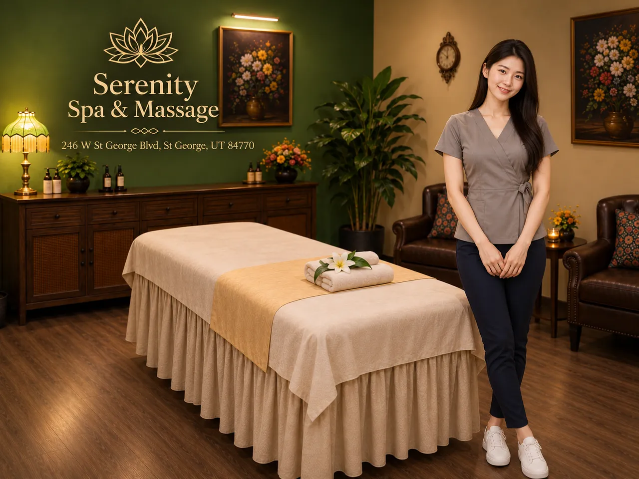 Staff member beside a clean massage table at Serenity Spa & Massage in St George, UT
