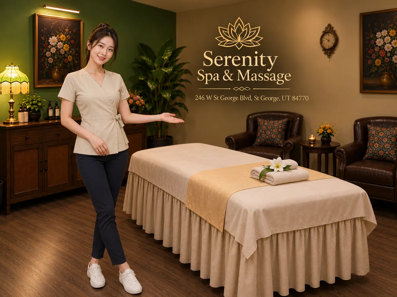 Friendly staff member in a clean massage room at Serenity Spa & Massage in St George, UT