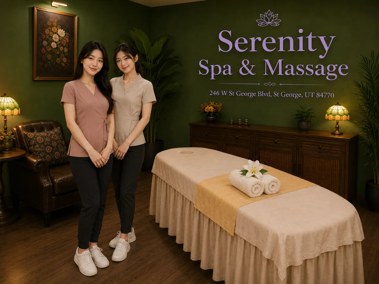 Two staff members beside a clean massage table at Serenity Spa & Massage in St George, UT