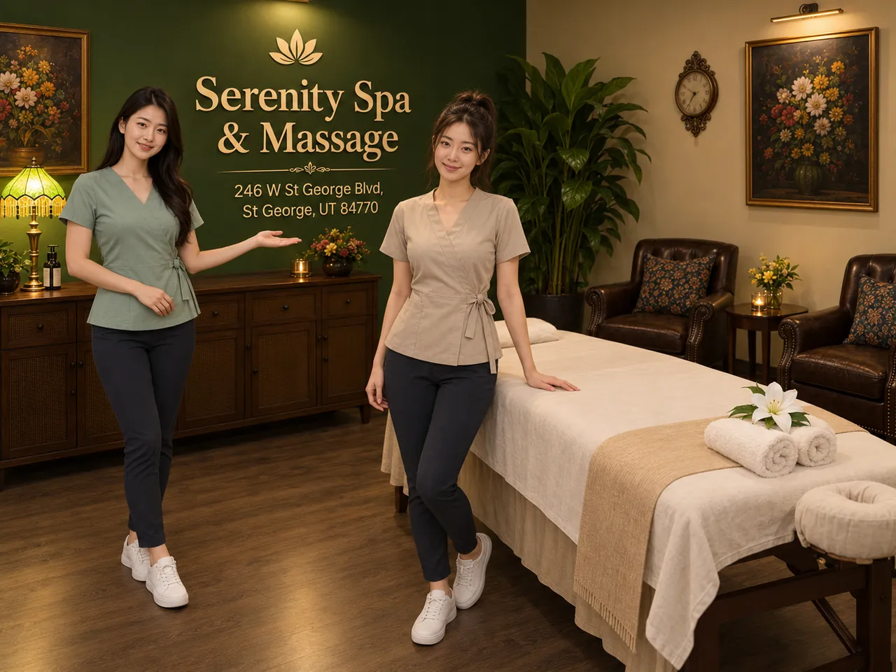 Two staff members beside a clean massage table at Serenity Spa & Massage in St George, UT