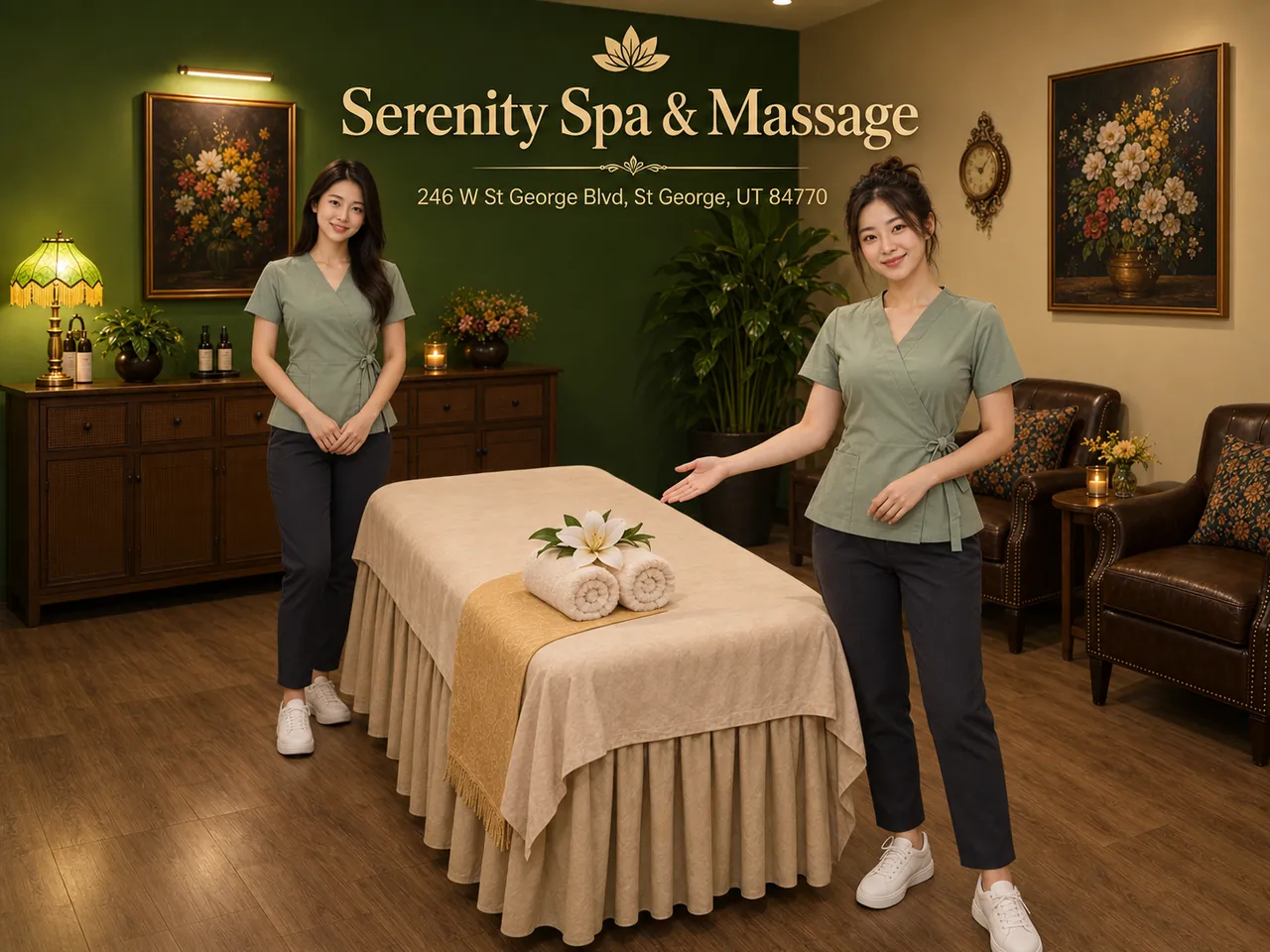 Two staff members beside a clean massage table at Serenity Spa & Massage in St George, UT