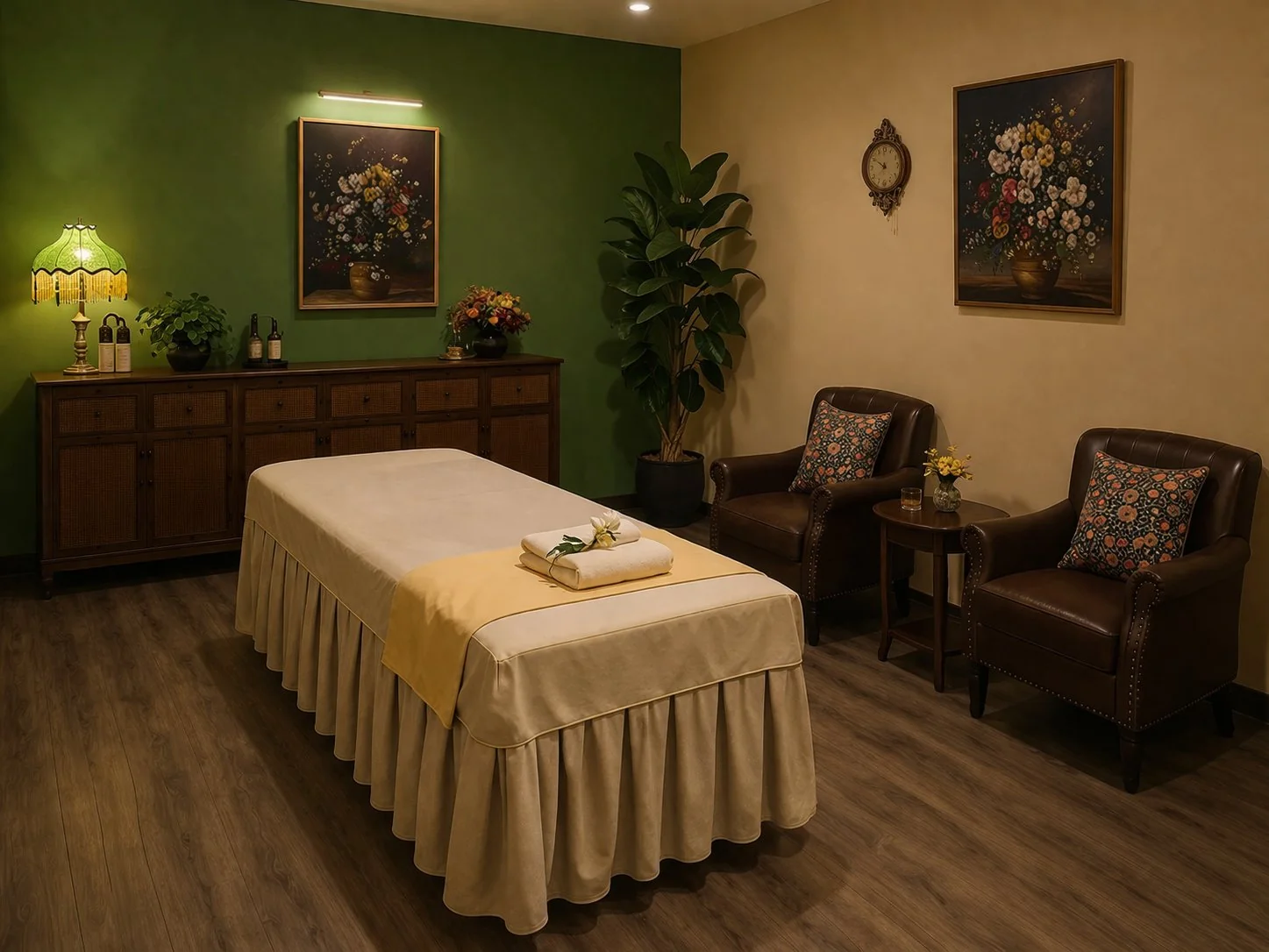 Serenity Spa & Massage St George — clean private massage room interior with green wall and warm lamp